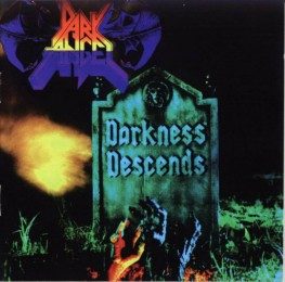 Darkness Descends cover: a green-lit gravestone engraved Darkness Descends, with a hand reaching up from the ground, a burst of fire and the purple Dark Angel logo