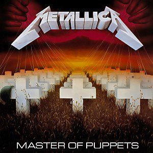 Master of Puppets cover: a field of white crosses on strings held by a pair of hands, under a blood-red sky with an orange glow on the horizon