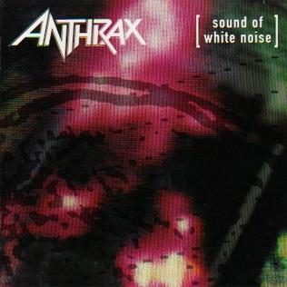 Album cover of Anthrax's Sound of White Noise: a blurred, dark magenta and green abstract image with the white Anthrax logo at top left and the title in brackets at top right