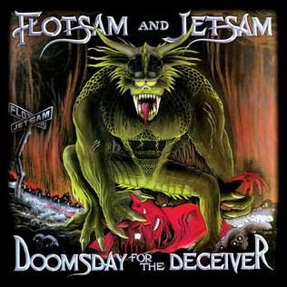 Doomsday for the Deceiver cover: a green horned dragon-like creature with bared fangs crouched over a red figure, a burning landscape behind it, the band name across the top and the album title across the bottom