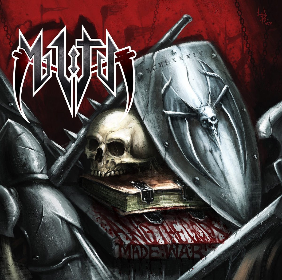 And the Gods Made War cover: a painted skull resting on a book in front of a steel shield and spiked maces, under the Militia logo on a blood-red background