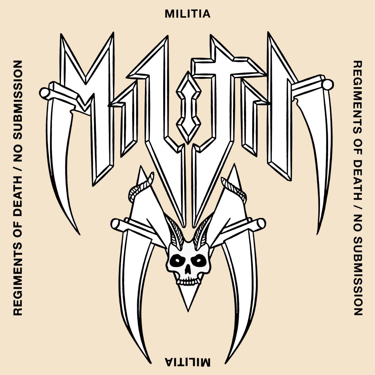 Regiments of Death / No Submission cover: the spiked Militia logo with scythe blades and a horned skull, drawn in black outline on a cream background