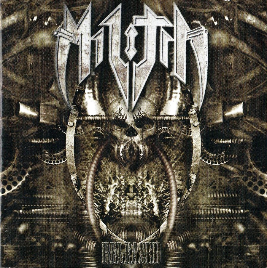 Released album cover: the chrome Militia logo above a biomechanical skull mask in sepia tones, with the word Released at the bottom