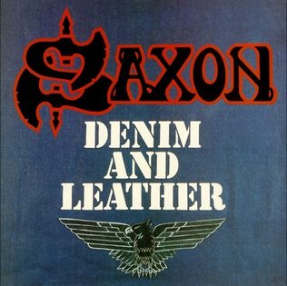 Album cover of Saxon's Denim and Leather: the red and black Saxon logo and the title in white block letters on a faded blue denim background, above a winged eagle emblem