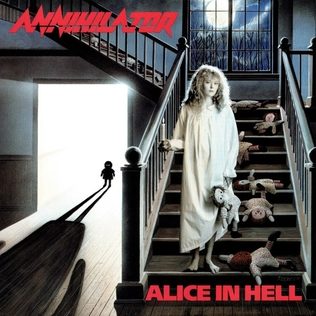 Alice in Hell cover: a pale girl in a white nightgown standing on a dark staircase among scattered dolls, a doorway of light and a small silhouette behind her, the red Annihilator logo at top