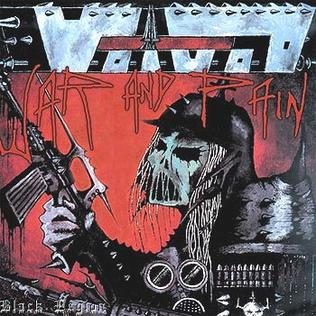War and Pain cover: a hand-drawn armored figure with a skull-like face holding a rifle, red background, the spiky Voivod logo across the top and the title scrawled in red