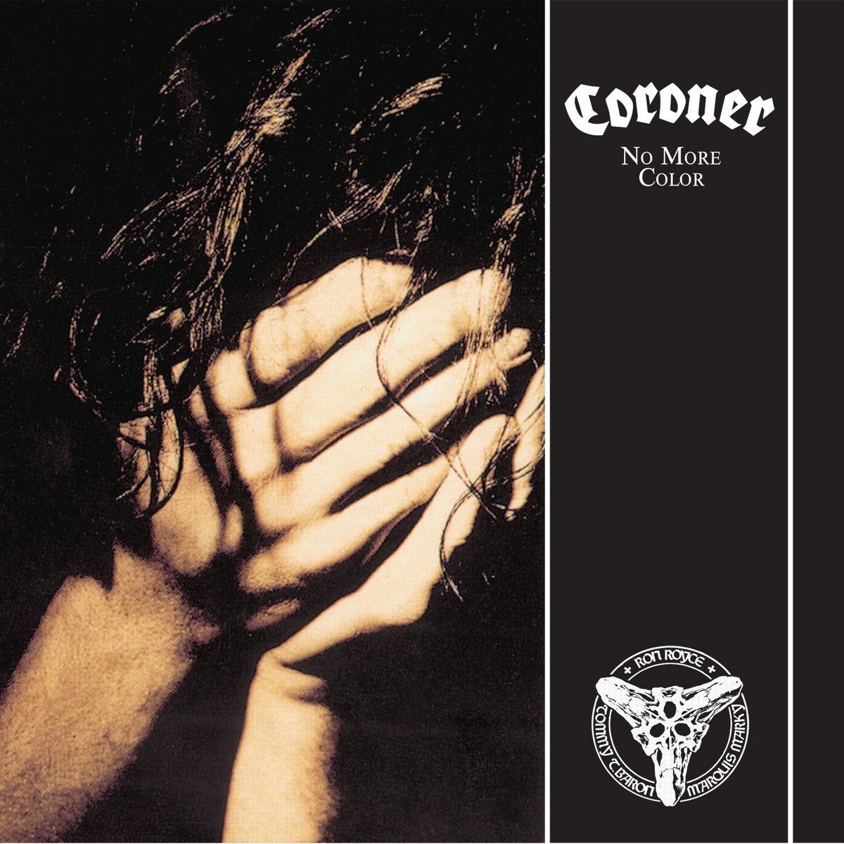 No More Color album cover: a sepia photo of a hand pressed over a face behind strands of long dark hair, with a black side panel carrying the Coroner logo and album title