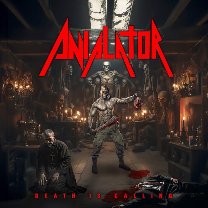 Cover art for the Anialator album Death Is Calling, showing a skeletal reaper figure in red and black