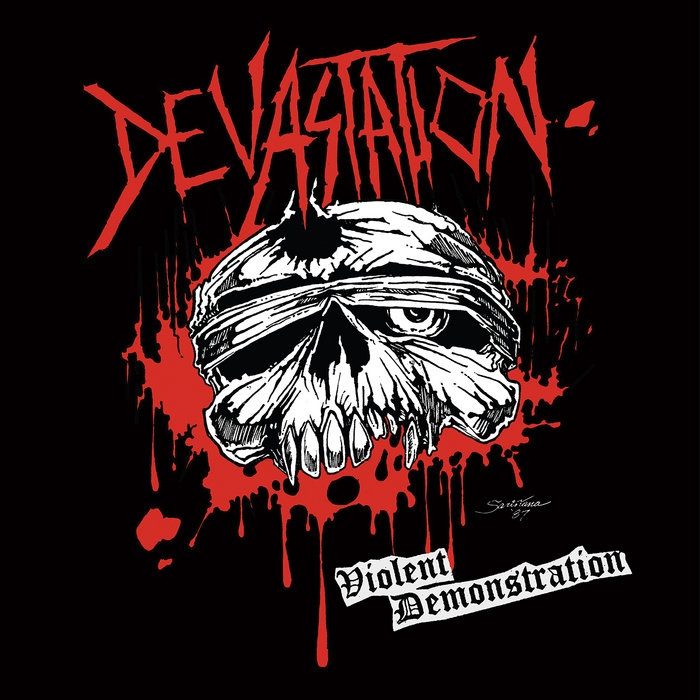 Cover art for the Devastation compilation Violent Demonstration, a skull in a gas mask against a scorched background