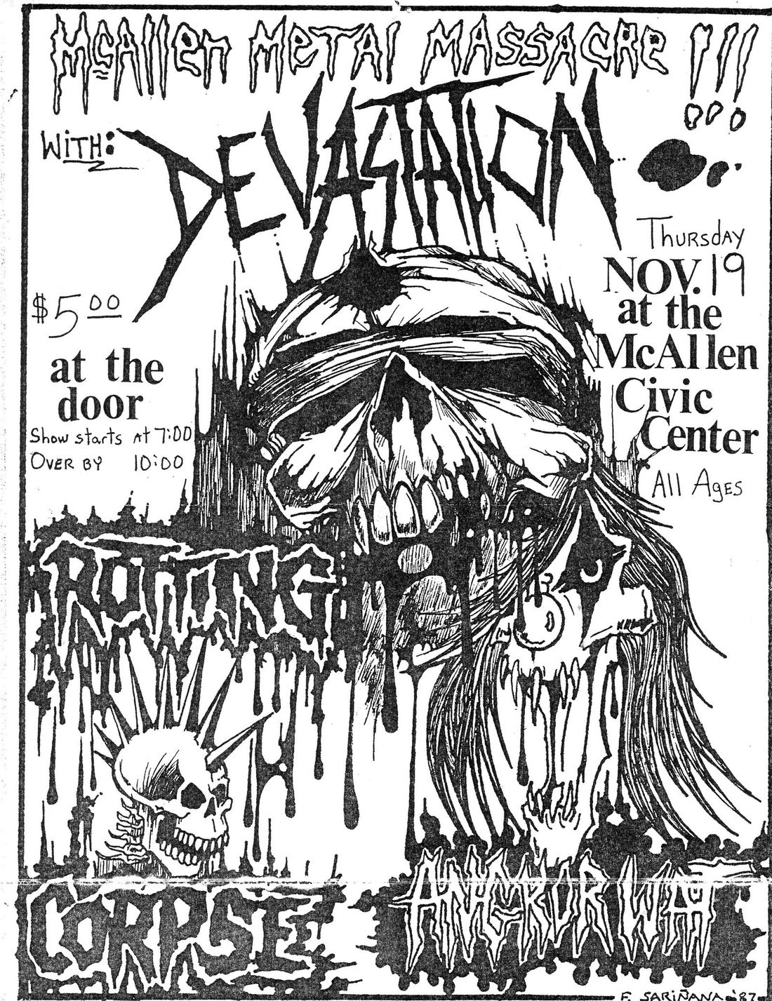 Black and white hand-drawn flyer for the McAllen Metal Massacre with Devastation, Rotting Corpse and Angkor Wat at the McAllen Civic Center, Thursday November 19