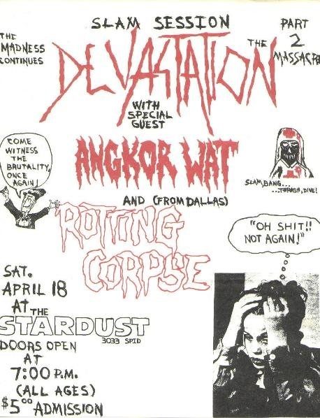Red and black photocopied flyer for Slam Session Part 2 with Devastation, Angkor Wat and Rotting Corpse at the Stardust, Saturday April 18