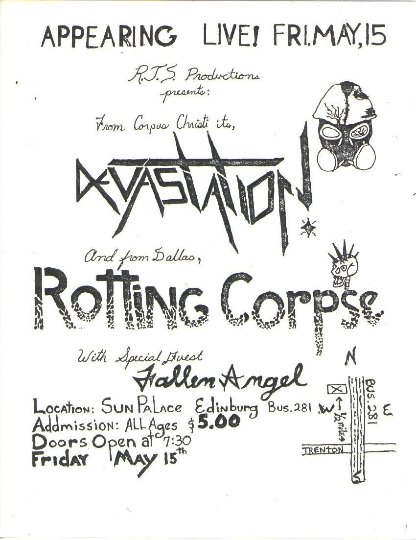 Hand-drawn photocopied flyer for Devastation from Corpus Christi and Rotting Corpse from Dallas at the Sun Palace in Edinburg, Texas, with a hand-sketched map