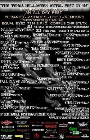 Dense black flyer listing thirty band names for the Texas Helloween Metal Fest at Equal Eyez, Corpus Christi, Saturday October 22, 2005
