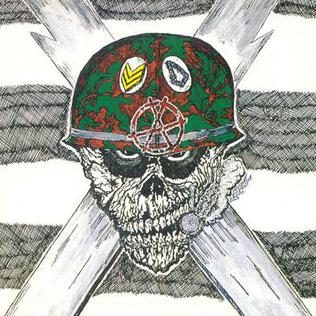 Speak English or Die cover: a pen-and-ink skull in a camouflage army helmet with patches, in front of two crossed white lightning bolts on a striped background