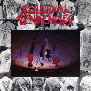 Suicidal Tendencies album cover: the four band members hanging upside down from a dome-shaped jungle gym at dusk, framed by a collage of hand-painted Suicidal T-shirts under a red logo