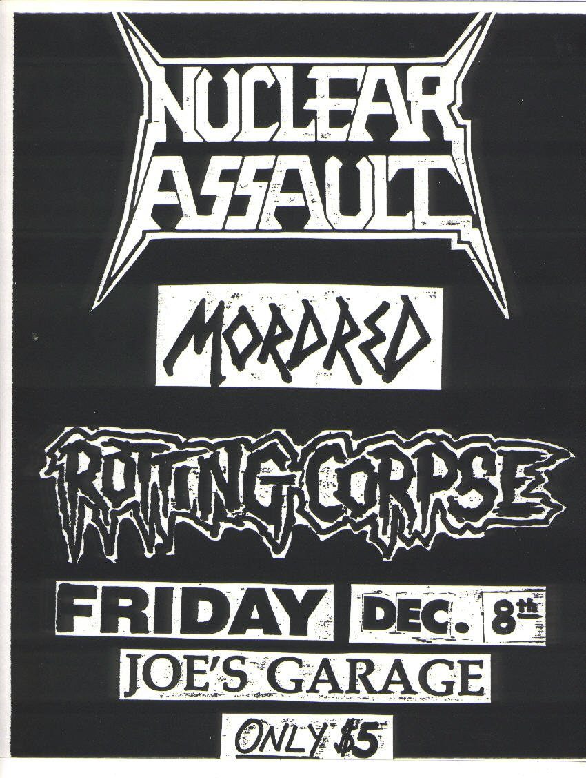 Flyer for Nuclear Assault and Morbid Scream at Joe's Garage, Fort Worth, Friday December 8th