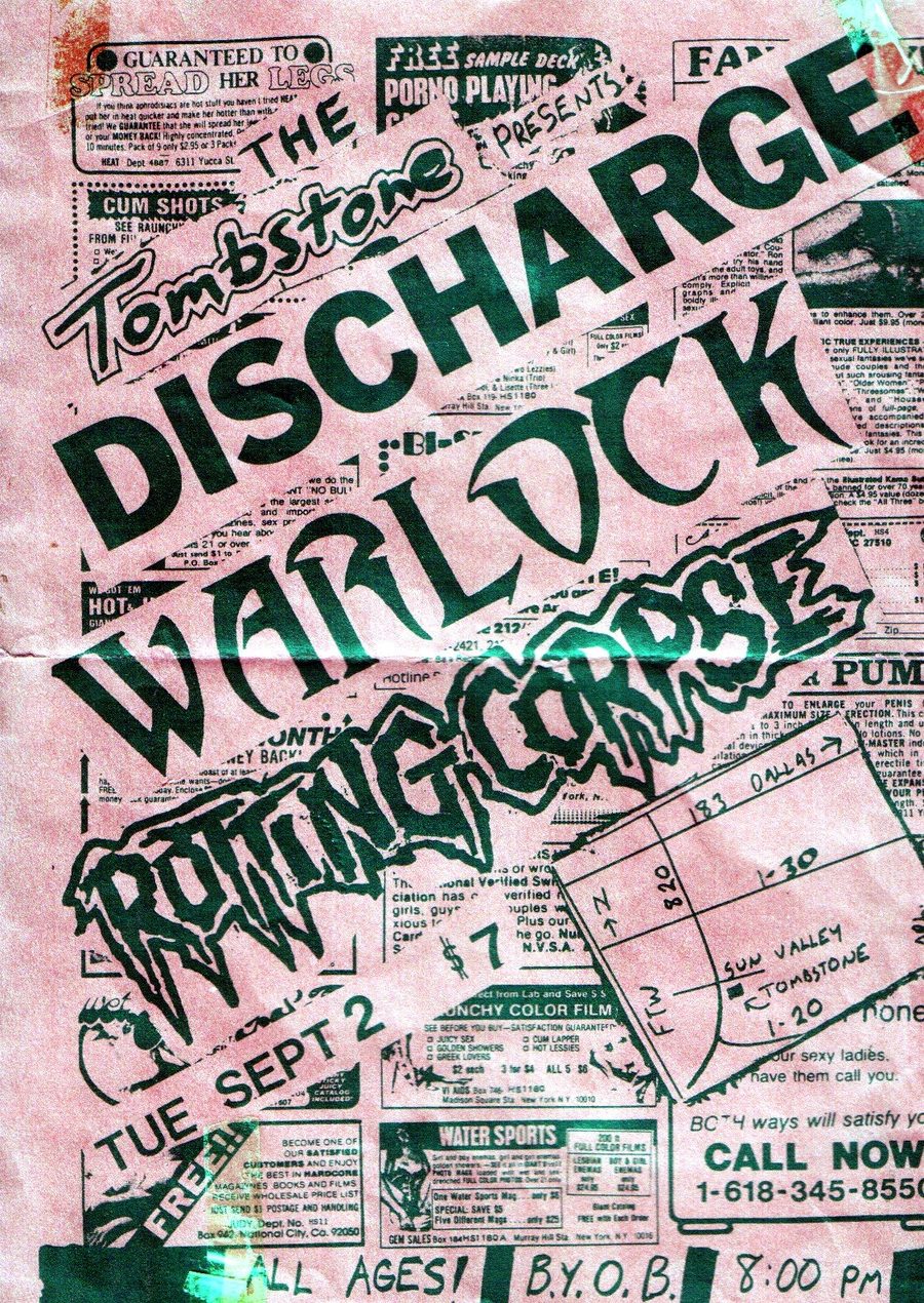 Hand-drawn flyer for Discharge and Warlock at the Tombstone Factory in Fort Worth, Tuesday September 2nd