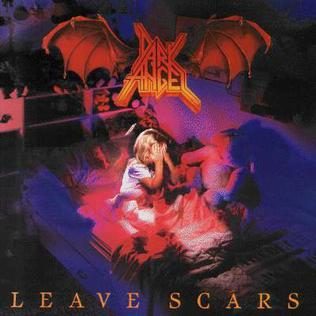 Leave Scars album cover: a frightened child curled up in a dark red-and-purple room beneath the red winged Dark Angel logo