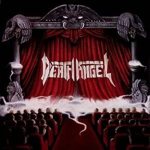 Act III album cover: a theater stage with ornate gargoyle-topped pillars and red curtains, the Death Angel logo across the curtain, and rows of red seats in front