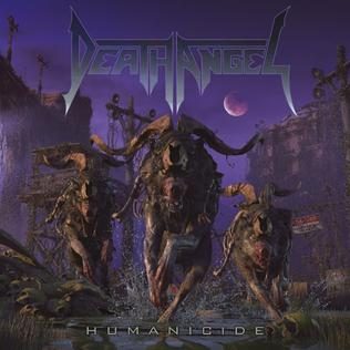 Humanicide album cover: three horned beasts charging toward the viewer through a ruined city under a purple sky and a moon, with the Death Angel logo above