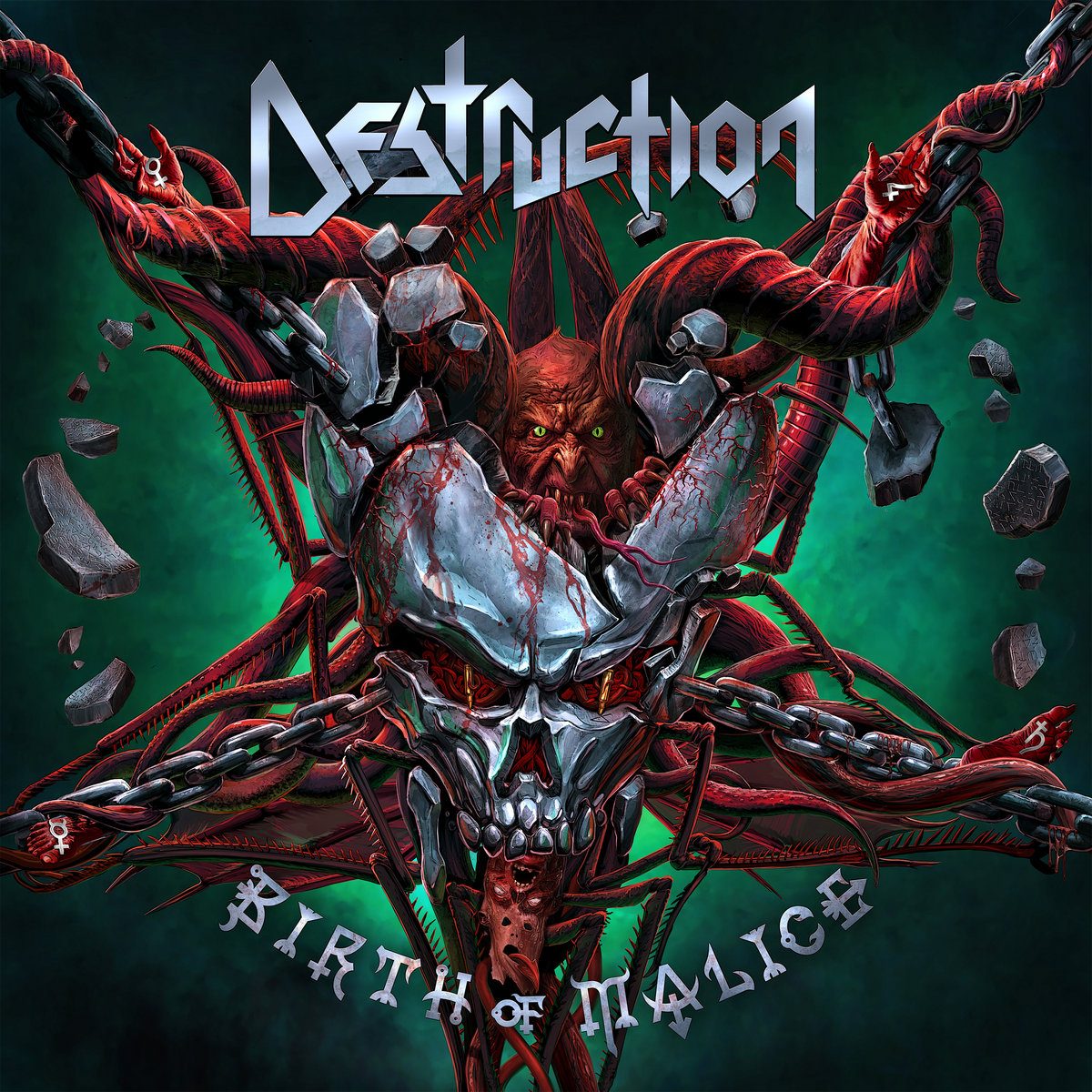 Birth of Malice album cover: a horned, armored demon tangled in red cables and chains on a dark green background, the Destruction logo above
