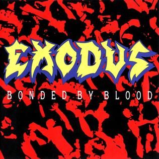 The 1989 reissue cover of Bonded by Blood: a yellow Exodus logo with the album title in white over a red-and-black image of a crowd