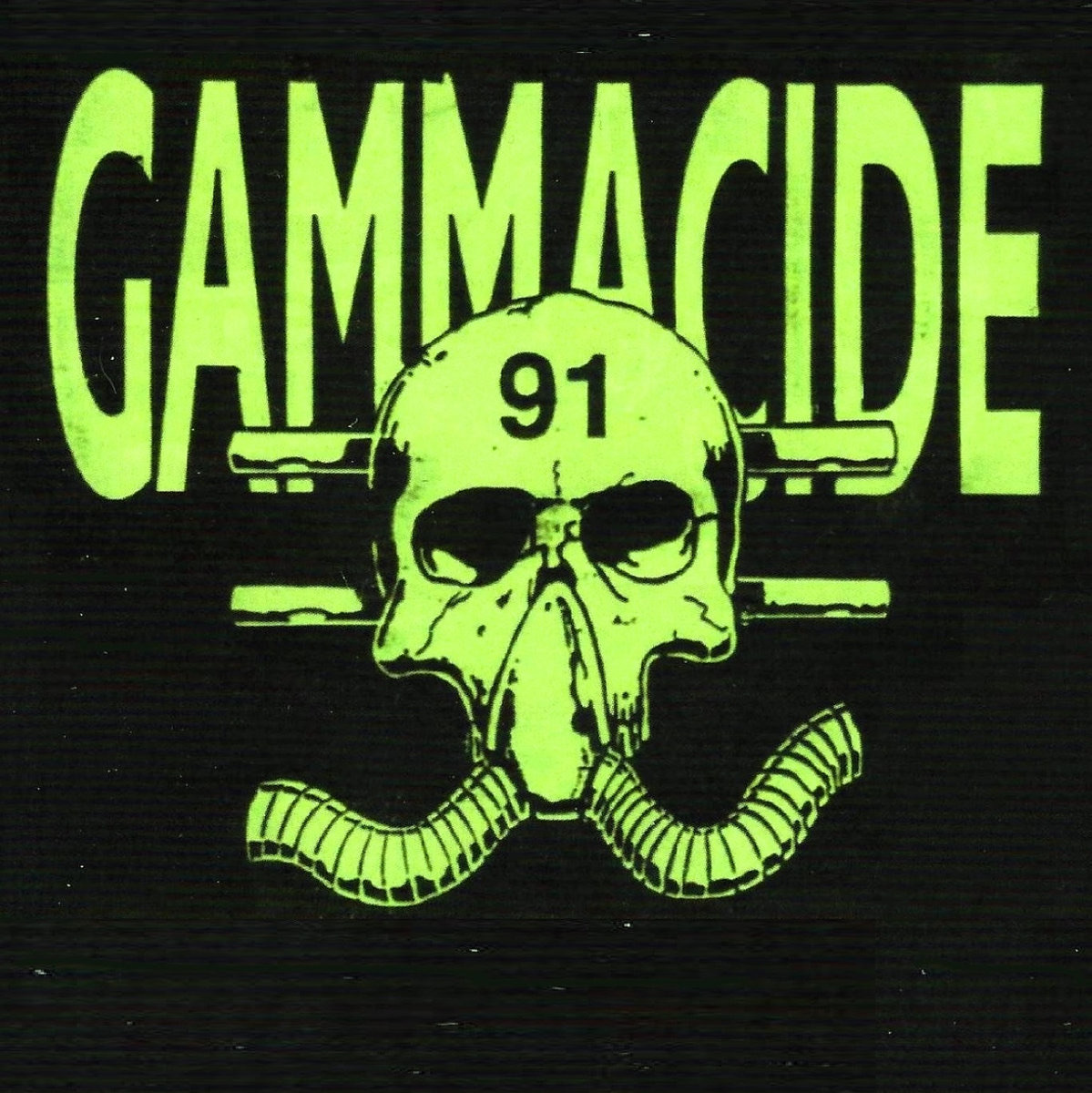 Gammacide 1991 demo artwork: a green skull in a gas mask with the number 91 on its forehead, on black