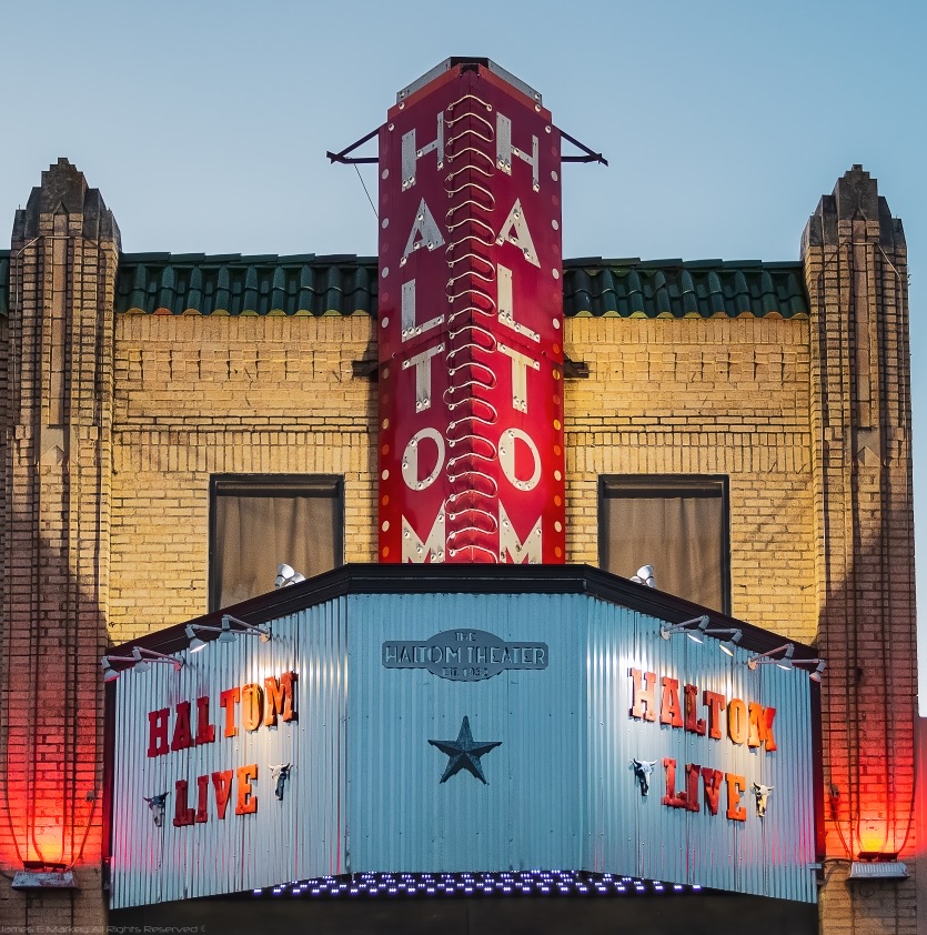 The Haltom Theater's marquee and front entrance on East Belknap Street in Haltom City
