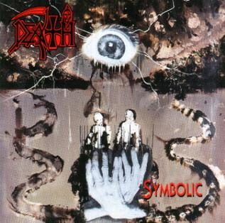 Symbolic album cover: the red Death logo and a staring eye above a collage of two small figures and a pair of upraised white hands, with Symbolic written in red