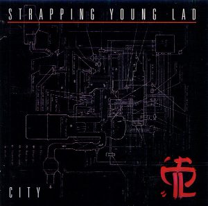 City album cover: Strapping Young Lad in white capitals above a white line drawing of tangled machinery on black, with City at the bottom and a red SYL monogram