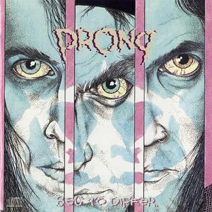 Beg to Differ album cover: a pale face with staring eyes split into vertical strips, with the Prong logo in pink at the top