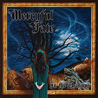 Album cover in a gold ornate frame: a woman with long dark hair in a green dress stands with her back to the viewer, facing a bare twisted tree under a moonlit blue sky, with the Mercyful Fate logo at top left