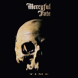 Album cover showing a large aged human skull on a black background, with the Mercyful Fate logo in gothic lettering at top right and the word TIME in small capitals below