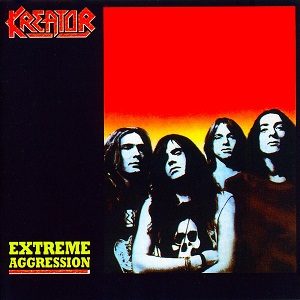 Extreme Aggression album cover: the four long-haired band members standing together against a red and orange background, the red Kreator logo at top left