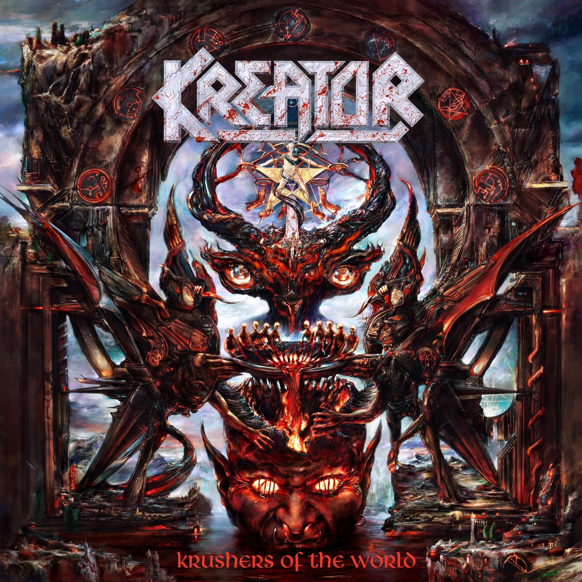 Krushers of the World album cover: a horned demon throne flanked by winged skeletal creatures inside a stone archway, a silver Kreator logo at the top