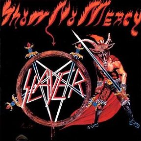 Show No Mercy album cover: a goat-headed warrior holding a sword in front of a pentagram of swords, with the Slayer logo in red