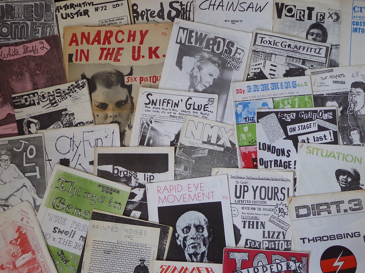 A spread of photocopied British punk fanzines including Sniffin' Glue, Anarchy in the UK, Chainsaw, Vortex and Up Yours