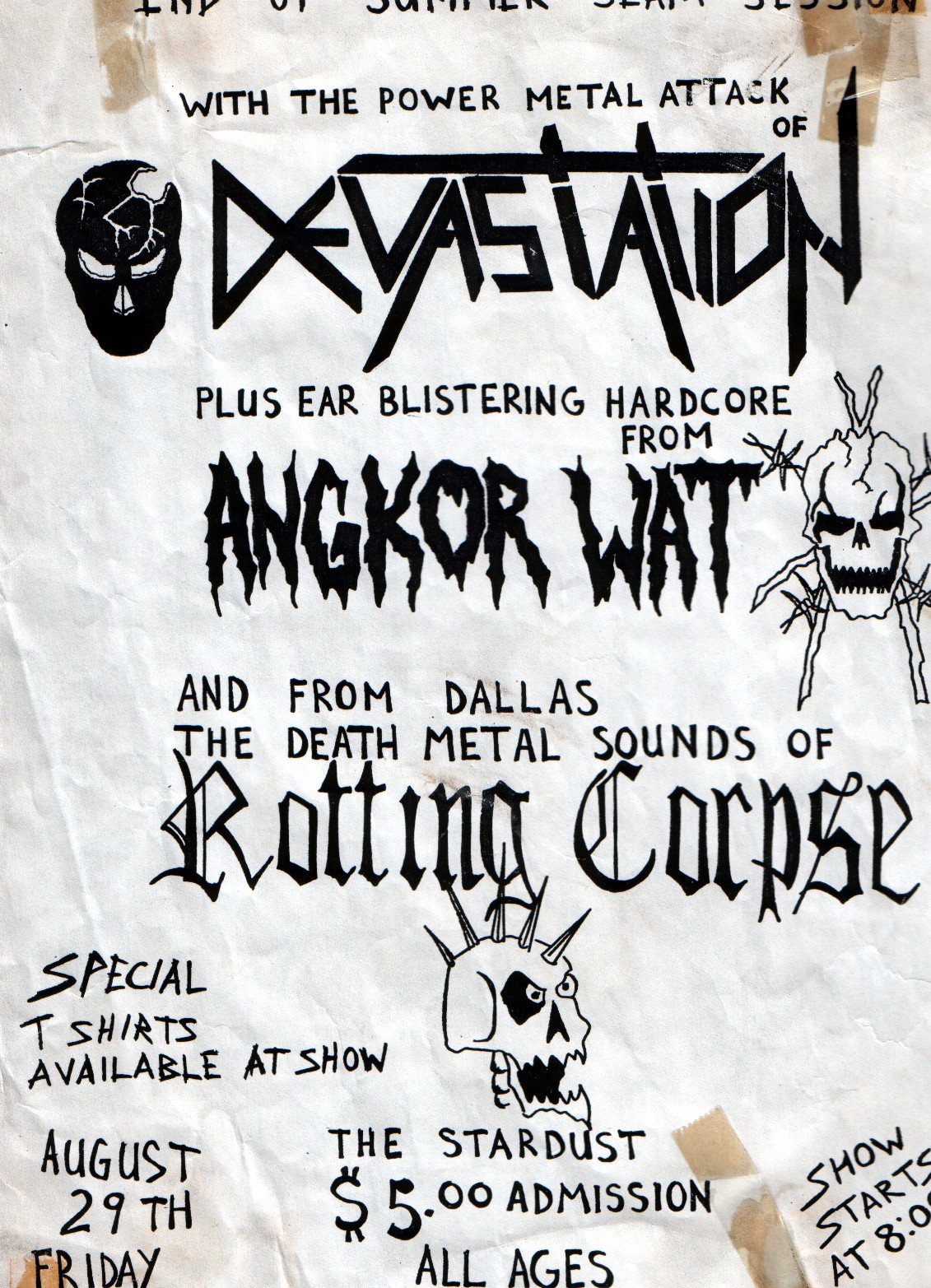 Photocopied gig flyer for Devastation, Angkor Wat and Rotting Corpse at The Stardust, August 29th