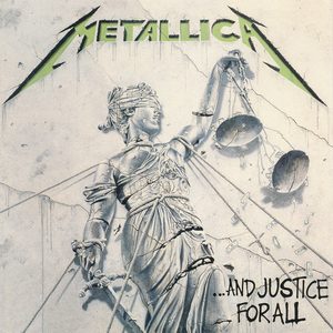 ...And Justice for All cover: a cracked, grey statue of Lady Justice bound in ropes, with the Metallica logo and album title above