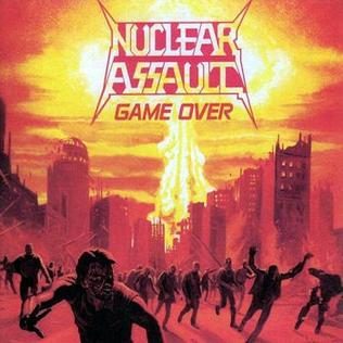 Album cover of Nuclear Assault’s Game Over: a nuclear blast rising over a ruined city in orange and red, with silhouetted figures fleeing in the foreground