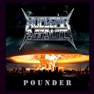 Cover of Nuclear Assault's Pounder EP: a mushroom cloud exploding over a city skyline at dusk under the band's chrome logo