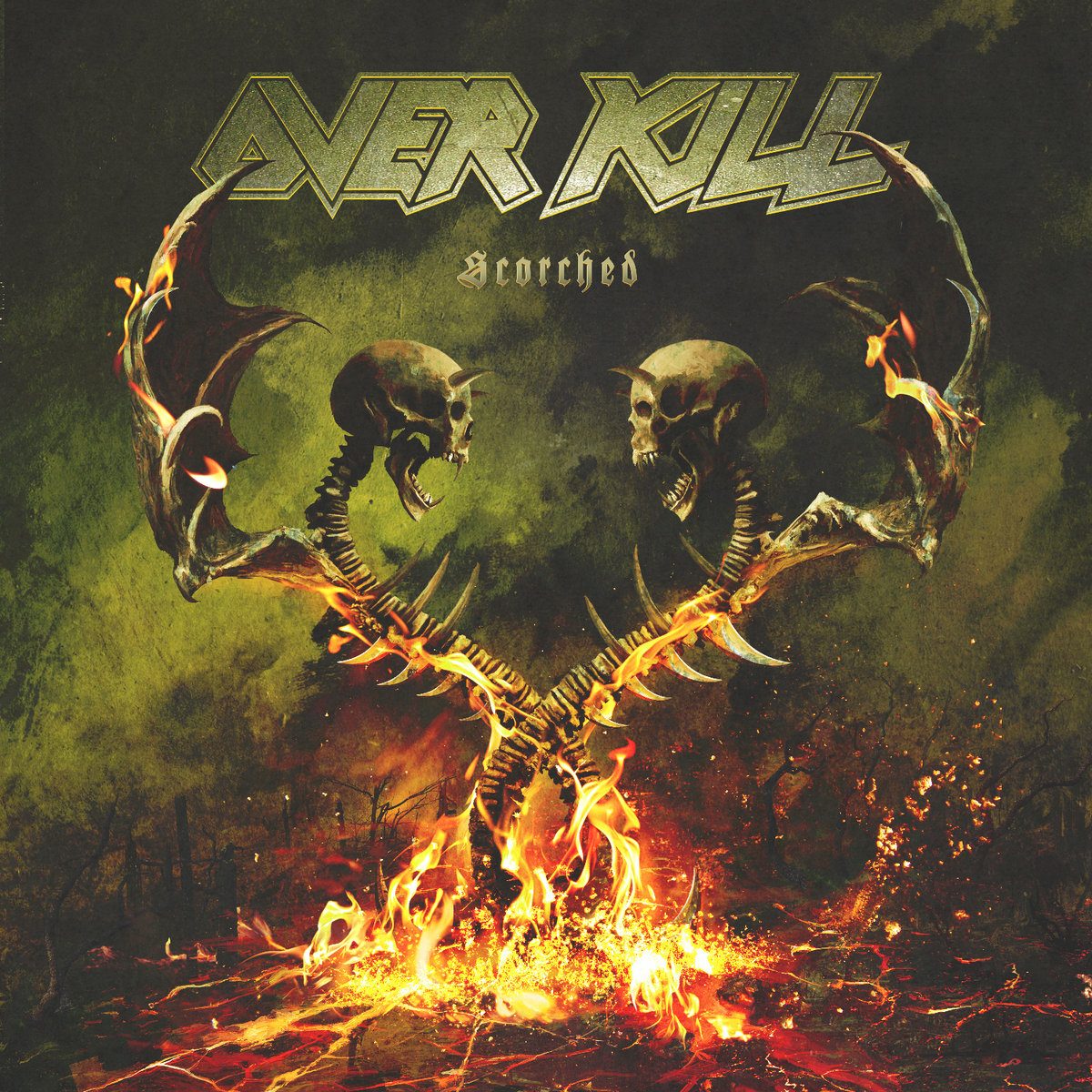Album cover of Overkill's Scorched: two horned skulls on spined necks forming a heart shape over a burning, cracked landscape under the Over Kill logo