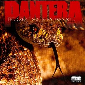 The Great Southern Trendkill album cover: a gold-scaled snake's head with its forked black tongue out, under the red Pantera logo and the album title in white