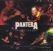 Mouth for War single cover: red-tinted live photos of the four members of Pantera around the white band logo, with the song title beneath