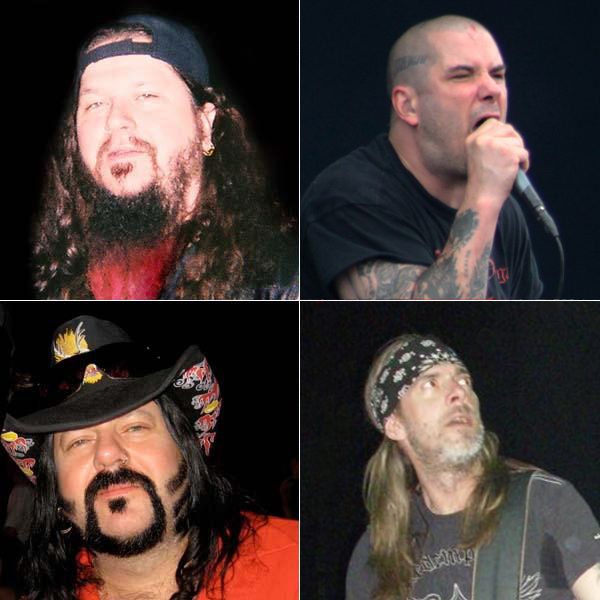 Four-photo grid of Pantera's members: Dimebag Darrell in a backwards cap, Phil Anselmo singing into a microphone, Vinnie Paul in a decorated cowboy hat, and Rex Brown in a bandana