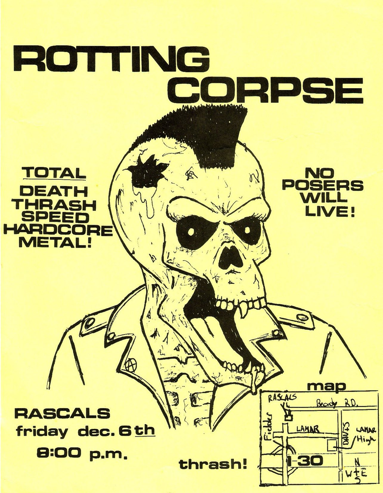 Hand-drawn flyer for Rotting Corpse at Rascals, Arlington, December 6, 1985