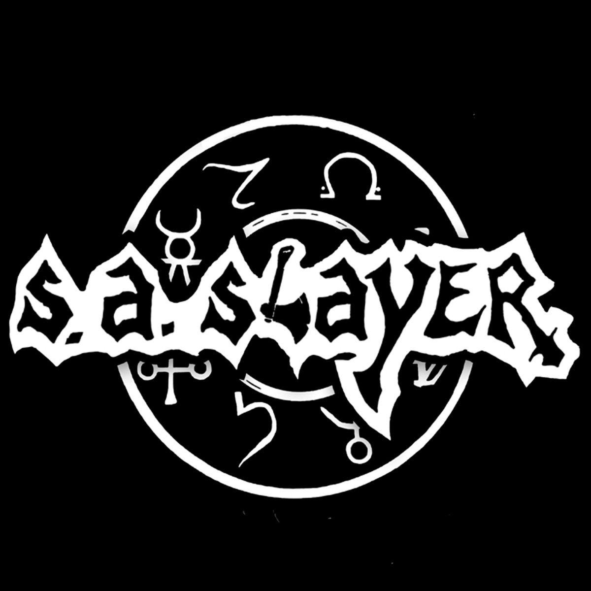 Prepare to Die-Alive cover: the jagged white S.A. Slayer logo on black, laid over a white ring of occult and alchemical symbols
