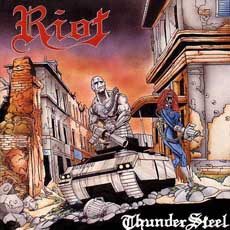 Thundersteel album cover: a silver armored warrior rides a tank through a ruined city street while a red-haired woman in blue watches from a balcony, under the red Riot logo