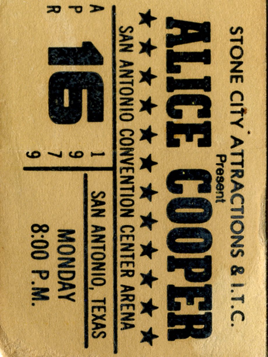 A yellowed ticket, turned on its side and cropped to its printed face: Stone City Attractions and I.T.C. present Alice Cooper, San Antonio Convention Center Arena, April 16 1979, Monday 8:00 p.m.