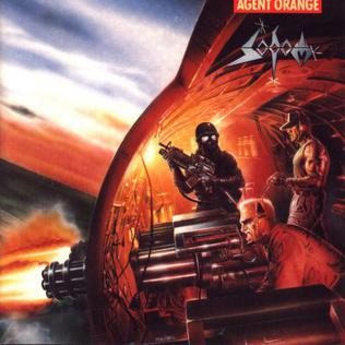 Agent Orange album cover: soldiers manning a gatling gun inside the glass nose of a gunship over a burning landscape, Sodom logo at top